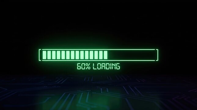 Loading bar glowing bright green on dark digital circuit board surface, progress indicator rectangle frame with square segments, computer interface graphic element for software installation process.