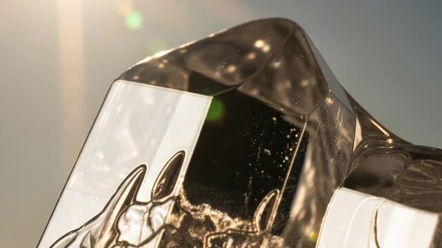 Crystal clear ice block shimmering in sunlight with sparkling details  