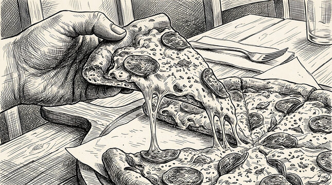 Detailed vintage stipple art illustration of a hand picking up a slice of hot pepperoni pizza with melting cheese strings fast food tomato sauce black and white pepperoni delicious stretchy