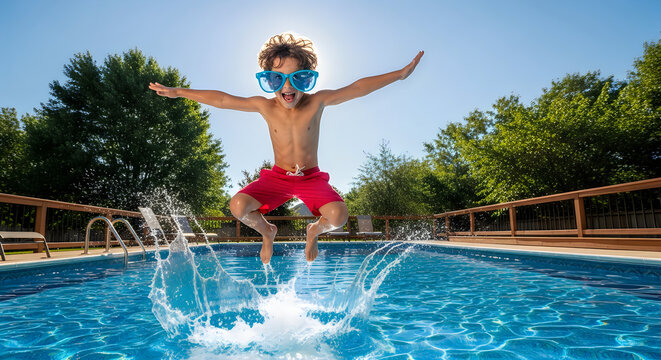Happy boy with sunglasses jumping into a blue swimming pool on a sunny summer day
