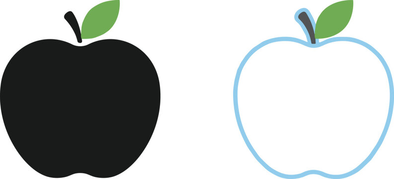 Fresh apple black silhouette and light blue line outline pair icon set with green leaf vec