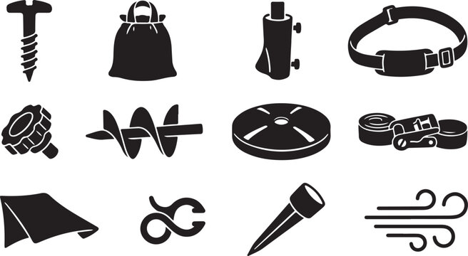 Set of black silhouette featuring construction and camping equipment, including a screw, sandbag, drill bit, strap, knob, weight plate, ratchet tie-down, fabric sheet, and wind symbol