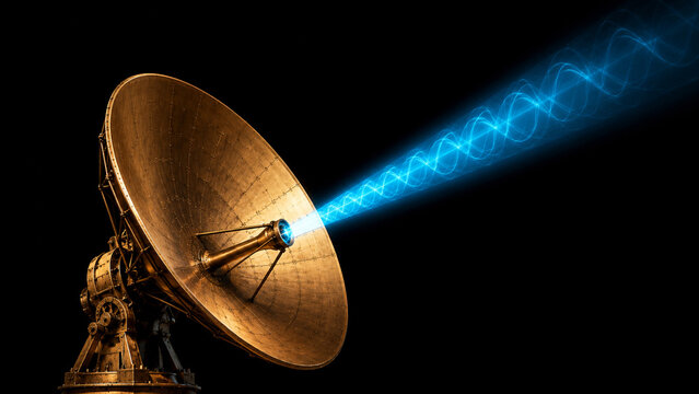 Golden radio telescope dish transmitting cyan signal beam into space
