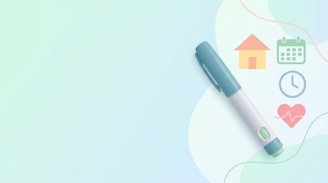 Generic medication pen with health and schedule icons on pastel background
