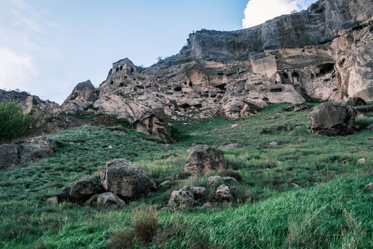 Vardzia cave monastery, Georgia on a caucasian valley in Erusheti Mountain slopes above the winding Mtkvari River