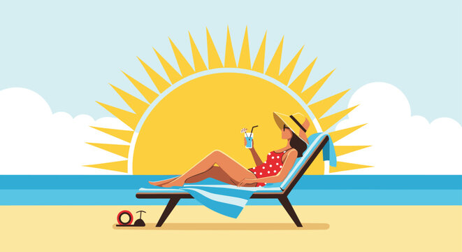 Relaxing summer holiday scene with woman sunbathing on beach lounger at sea under a large radiant yellow sun.