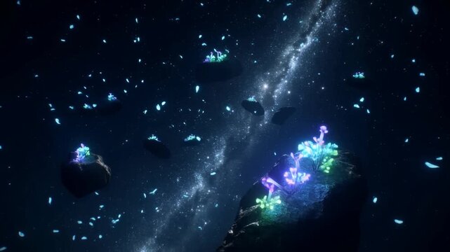 Slow pan aerial view of bioluminescent plants growing on floating asteroids drifting through deep space galaxy