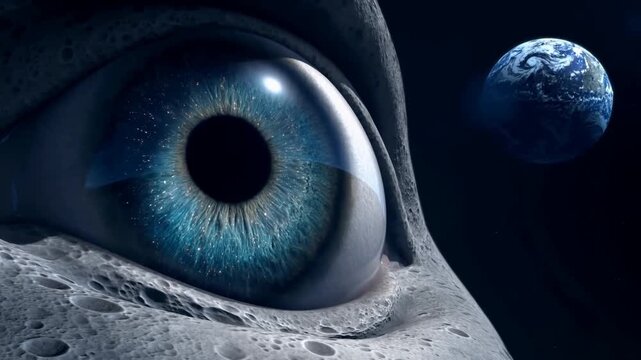 Slow zoom tracking shot of lunar eye opening and reflecting earth in outer space close up on cratered surface