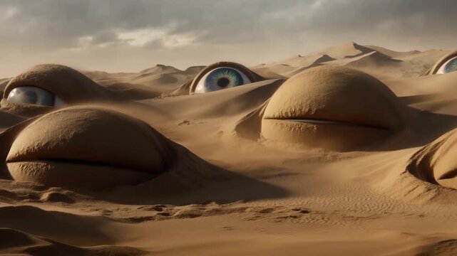 Slow pan tracking dolly shot of giant eyeballs emerging from sand dunes in arid desert landscape at dusk