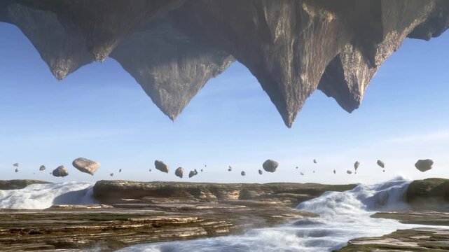 Panning shot of floating rocks drifting above cascading coastal water with inverted mountain overhang over rocky shore during daytime