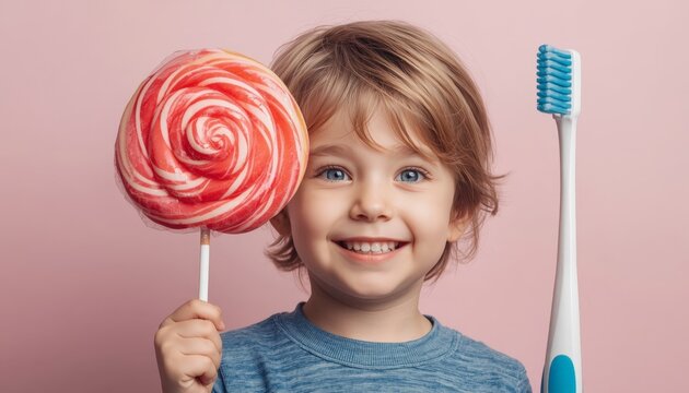 There is a young boy holding two lollipops and a toothbrush