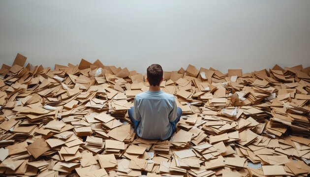 There is a man that is sitting in a pile of boxes