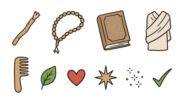 Islamic Symbols of Faith and Practice: A collection of hand-drawn icons representing Islamic traditions, including miswak, prayer beads, a Quran, ihram clothing, a comb, a leaf, a heart, a starburst.