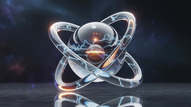 Modern atomic model with glowing electrons orbiting a nucleus in space with cosmic background