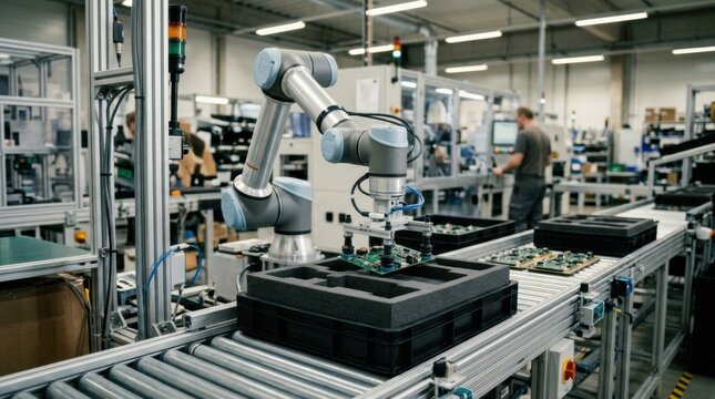 Medium shot showing a cobot skillfully inserting finished electronic boards into foam inserts providing cushioned protection during automated packaging in a modern factory line.