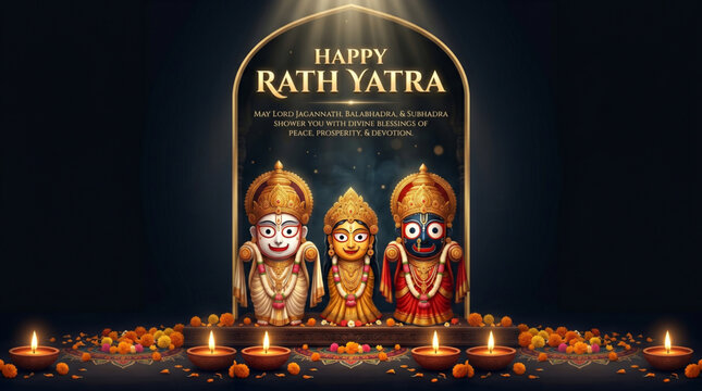 Sacred Rath Yatra deity illustration with glowing lamps for Indian spiritual festival celebration
