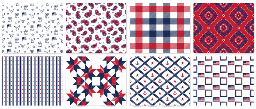 Patriotic americana seamless pattern vector set quilt gingham paisley anchor bandana fourth of july fabric design
