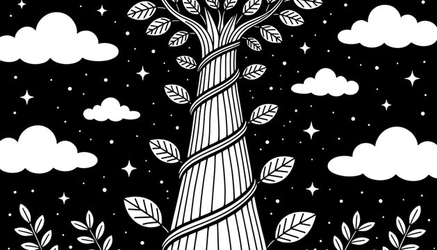 Giant beanstalk reaching into the starry night sky with clouds  