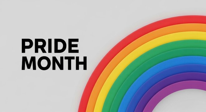 Pride Month typography with 3D rainbow arc, colorful LGBTQ celebration background, minimalist queer identity banner for social media and events