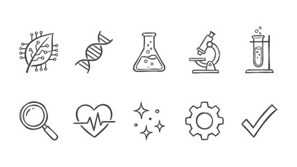 Fototapeta premium Science and Technology Icons: A collection of hand-drawn icons representing various scientific and technological concepts, including DNA, a leaf with circuitry, laboratory equipment.