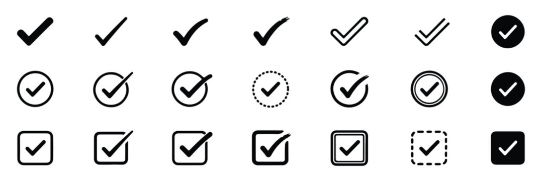 Check Mark Icons Set, Tick Symbol Collection, Approval and Verification Signs, Checkbox and Quality Badge Vector Icons. symbol for right and wrong choices. Modern flat design, Checkmark icon set.