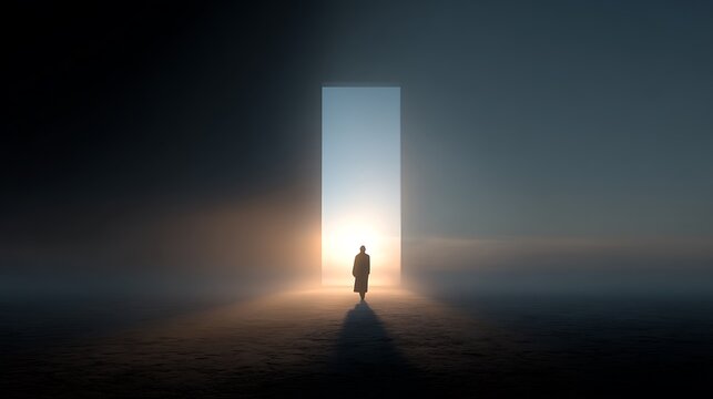 A lone figure walks towards a bright, rectangular opening, sunlit, surrounded by atmospheric fog