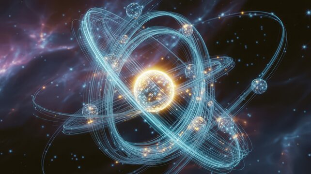 Artistic visualization of atomic structure with glowing electrons orbiting a nucleus in space