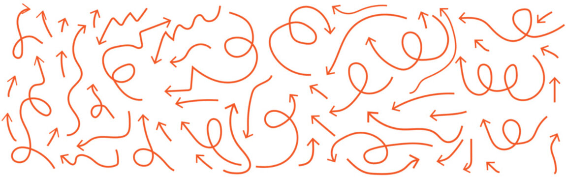 Hand drawn doddle red arrow icon set. Sketch curved arrows design. curly arrow collection