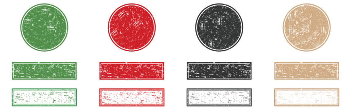 Rubber stamp set, Rount and rectangle green ecologic natural style on grunge retro stamp. Vintage old texture frame with empty place. Grunge round shapes. Japanese and chinese calligraphy round shapes