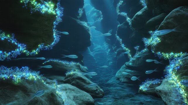 Underwater Cave Scene with Glowing Marine Life and Rich Rock Formations in Deep Blue Aquatic Environment