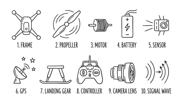 Drone Components Illustration: A clean, illustrative diagram showcasing ten essential components of a drone, including frame, propeller, motor, battery, sensor, GPS, landing gear, controller.