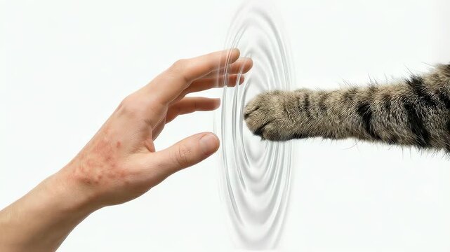 Person with skin allergy reaching out to touch a cat paw. Dermatitis reaction triggered by pet dander. Medical concept showing hypersensitivity and irritation.