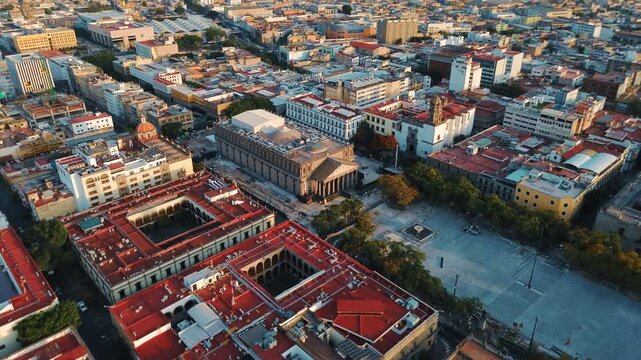 Degollado Theater Historic Opera House and Liberation Square Featuring a Cinematic Aerial Drone Push In Movement at Sunset in Guadalajara Jalisco Mexico