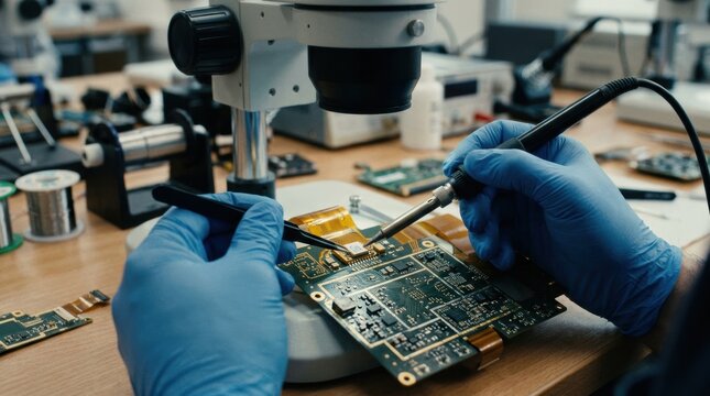 Precision mounting of miniature sensor tag elements on dense flexrigid printed circuit boards focusing on detailed micro soldering work in an advanced electronics lab.