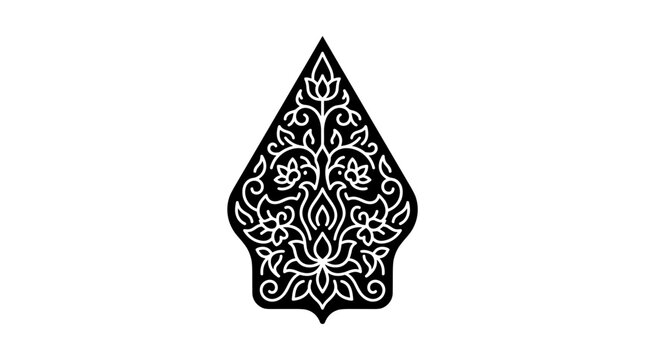 A black and white graphic representation of a traditional Indonesian Wayang Kulit shadow puppet, featuring intricate floral patterns.