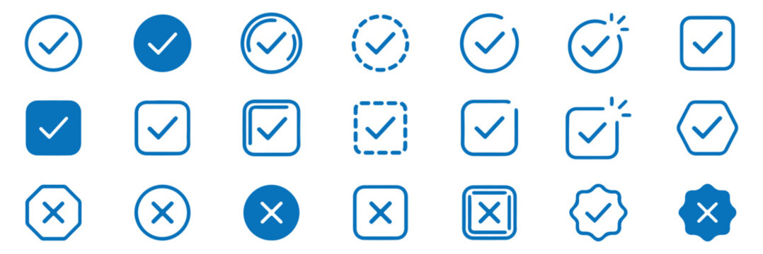Collection of various check mark icons set. check mark icon set with circular and square outline checkbox tick symbols, flat isolated vector pictograms for approval, validation, success, completed. 