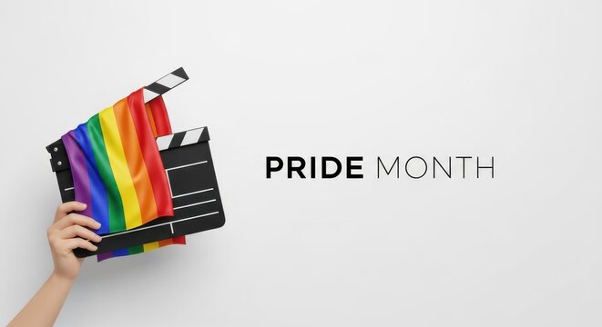 Pride Month cinema concept with rainbow flag and movie clapperboard, LGBTQ representation in film industry, hand holding slate on white background