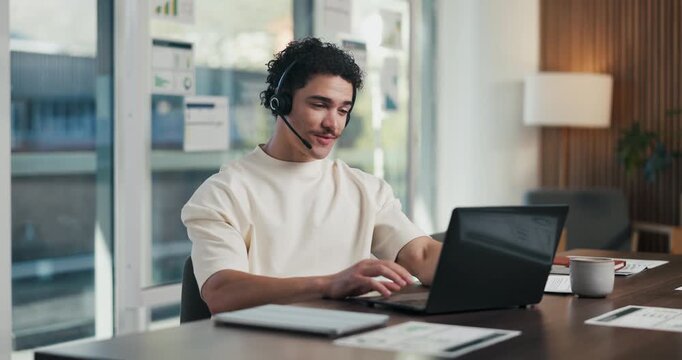 Man, agent and discussion with headset on laptop for online advice, support or help in office. Business, male person or consultant talking with mic on computer for virtual assistance in workplace