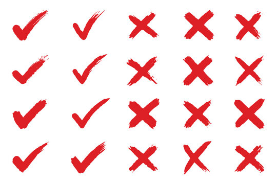 checkmark and cross with grunge vector. brush correct or incorrect sign with circle. Check mark icons set. Green brush stroke check mark, tick symbols, checklist signs. Grunge brush stroke signs. 