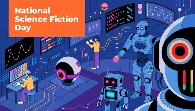 Science fiction robots, futuristic lab scene, National Science Fiction Day, robotic technology vector