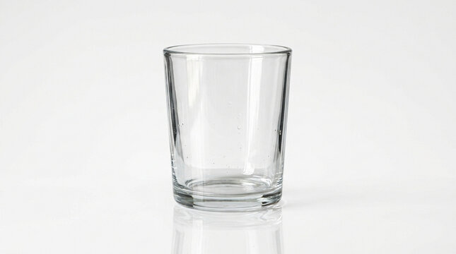 Empty glass cup on a seamless white background, transparent drinking glass, product shot with reflection