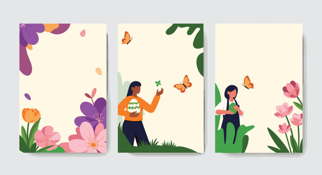 Series of vertical posters depicting a person in a bright spring garden with blooming flowers, butterflies, and a decorated easter egg.