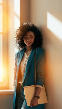Community mediator standing by window holding folders with confident expression