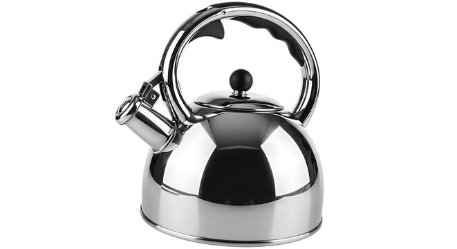 Stainless steel whistling kettle isolated on transparent background kitchen appliance