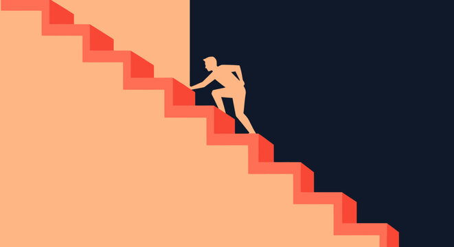 Person climbing stairs, striving for success and progress