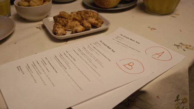 Close up shot of math exam papers with excellent grades laid on dinner table with food in background, parenting and children education concept, no people, copy space