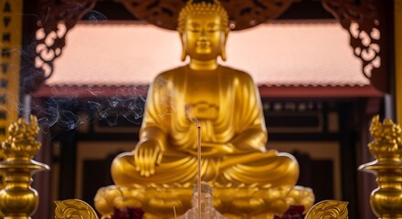 Fototapeta premium Golden Buddha Statue Sitting in Meditation Inside Ornate Temple