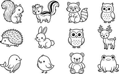 Obraz premium Cute woodland animals coloring page vector set with owl rabbit bear frog and deer line art