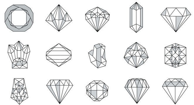 Grid of various geometric crystal and gemstone diagrams showing different facets and complex mineral structures in black and grey.