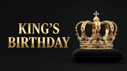 King's Birthday celebration banner, golden royal crown on black velvet pillow, elegant monarchy holiday greeting with gold typography